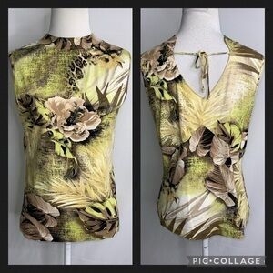 Apriori Golden Yellow Tan & Green Tropical Floral High Neck Sleeveless Top 10